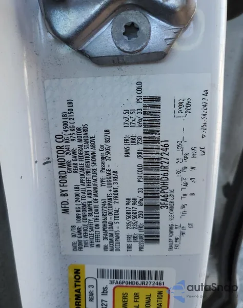 2018 Ford Fusion Se из США, поврежденный, VIN 3FA6P0HD6JR272461